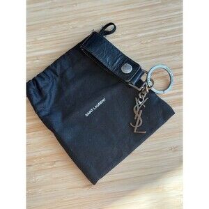 Authentic Saint Laurent YSL Monogram Keychain Leather Silver Hardware Italy
